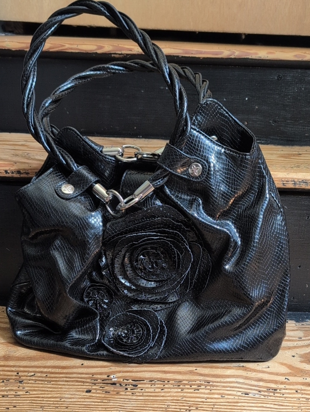 Relic Black Floral Rosette Shoulder Bag